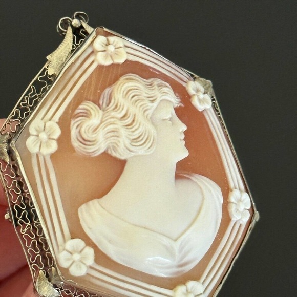 Vintage 14K Solid White Gold Carved Cameo Shell Woman & Flowers Large Brooch Pin - Picture 16 of 16